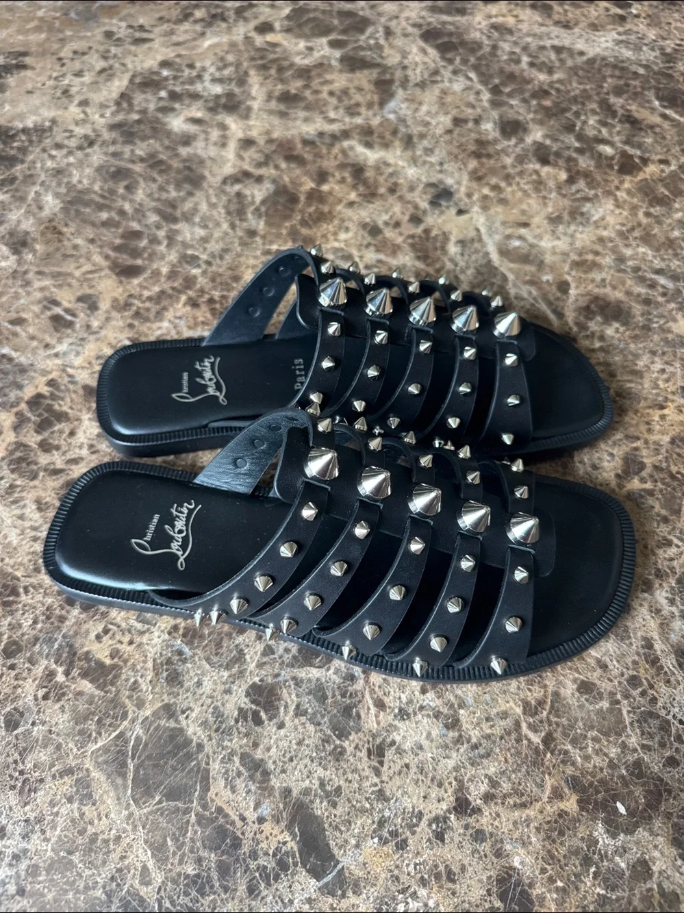 Christian Louboutin charja flat black leather silver spike sandals sz 38.5